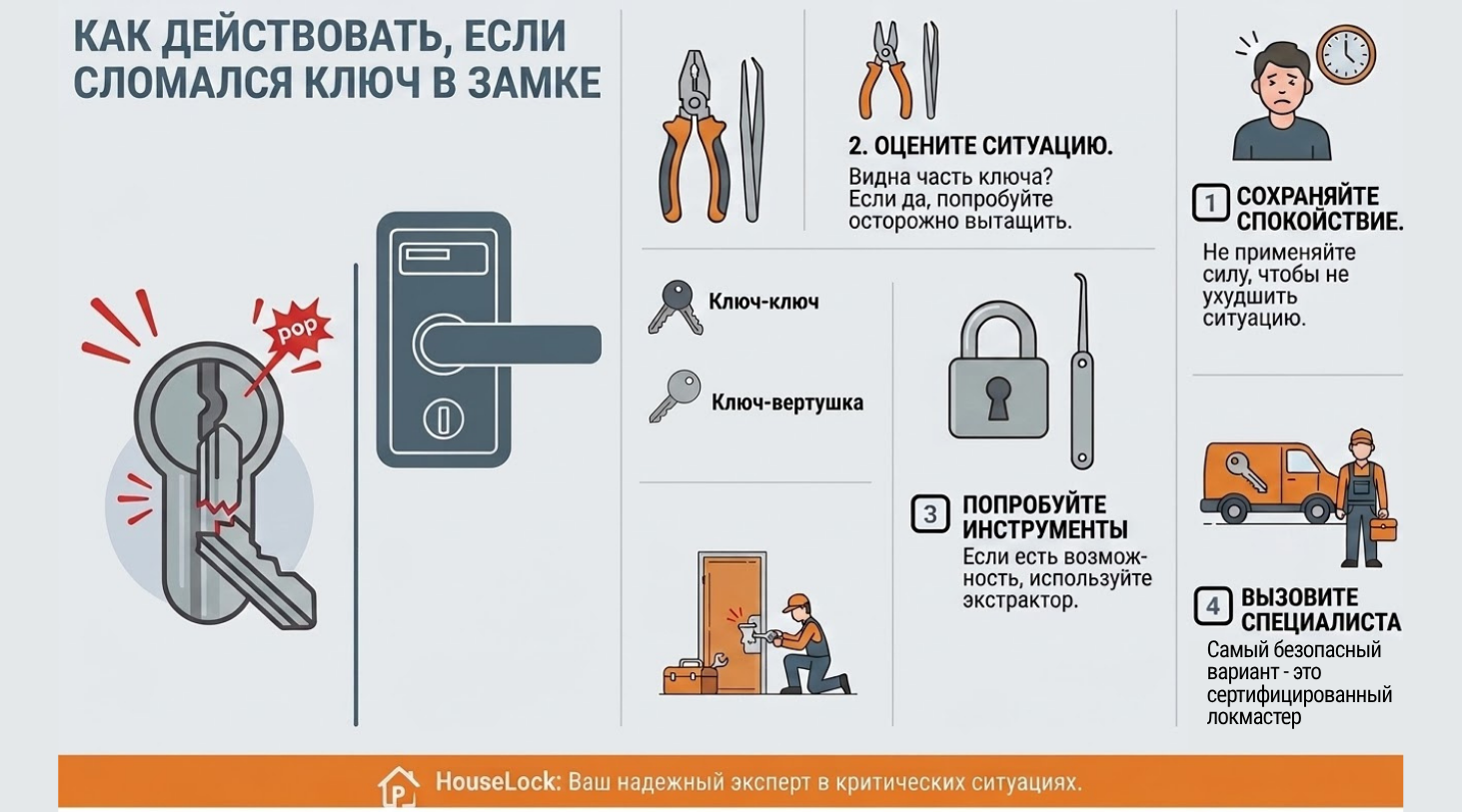 Инфографика, что нужно делать, если сломался ключ в замке